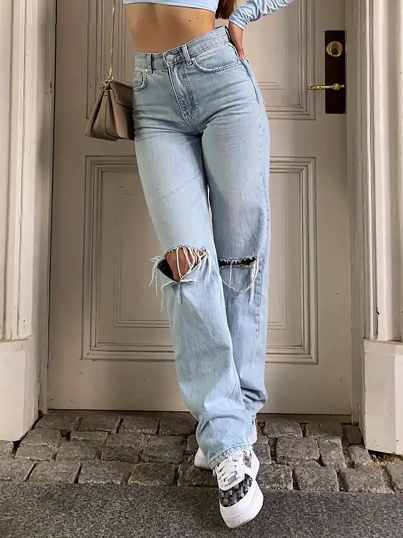 High Rise Straight Legs Loose Baggy Jeans, Ripped Knees Cut Out Front Wide  Legs Distressed Light Blue Boyfriend Pants, Women's Denim & Clothing